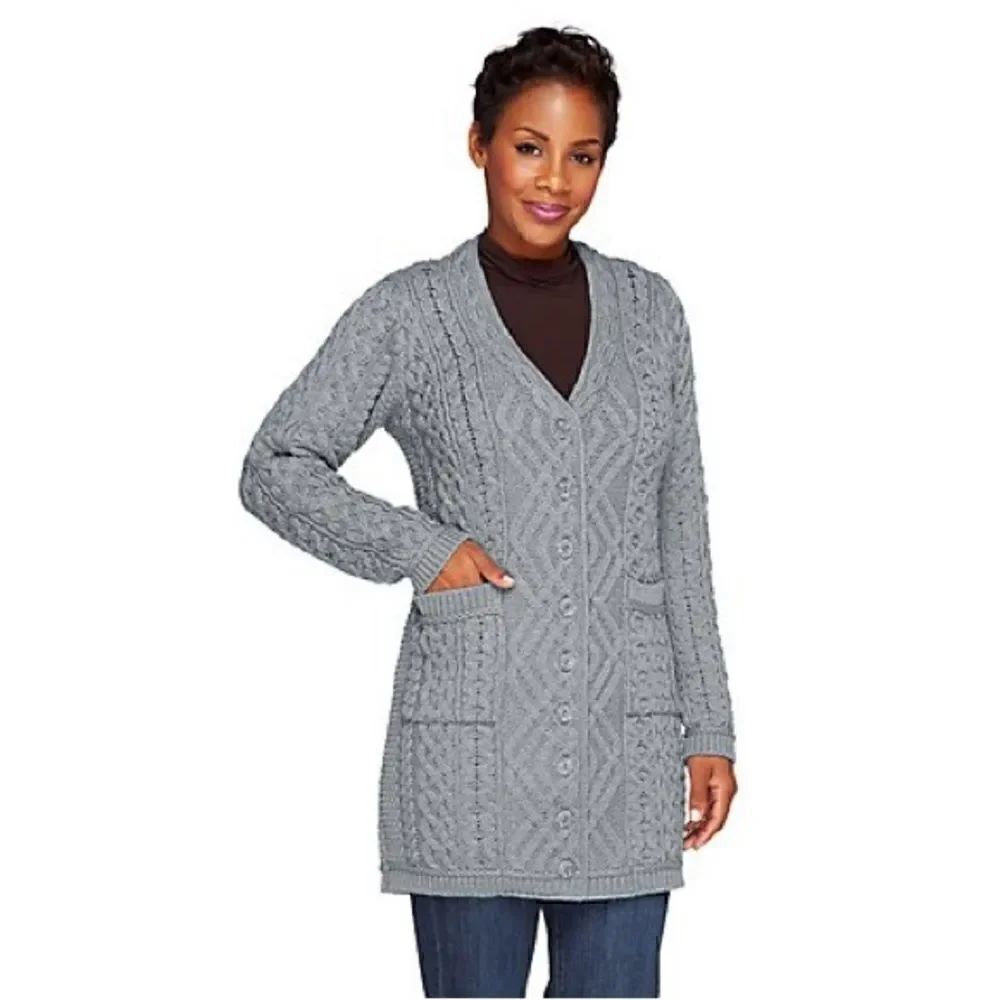 Aran Crafts | Merino Wool Long Boyfriend Button Front Cardigan in Soft Grey | M